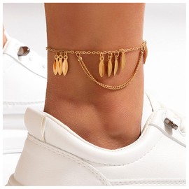 Crystal Shell Anklet Bracelet Boho Drop Leaf Bow Tassels Anklet Rhinestone Bowknot Summer Beach Foot Chain Jewelry for Women Girls (Gold A)