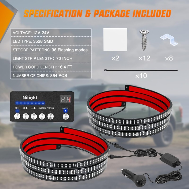 Nilight 2PCS 70 Inch Emergency Strobe Light Strip with Controller