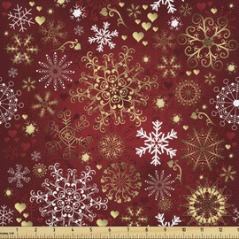 Ambesonne Winter Fabric by The Yard, Old Fashioned Christmas Hearts and Swirls Vintage Composition, Decorative Fabric for Upholstery and Home Accents, 2 Yards, Vermilion Yellow