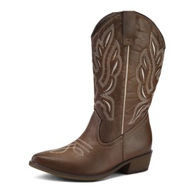 mysoft Women's Wide Calf Cowboy Boots Pull-On Mid-Calf Embroidered Pointed Toe Retro Western Boots