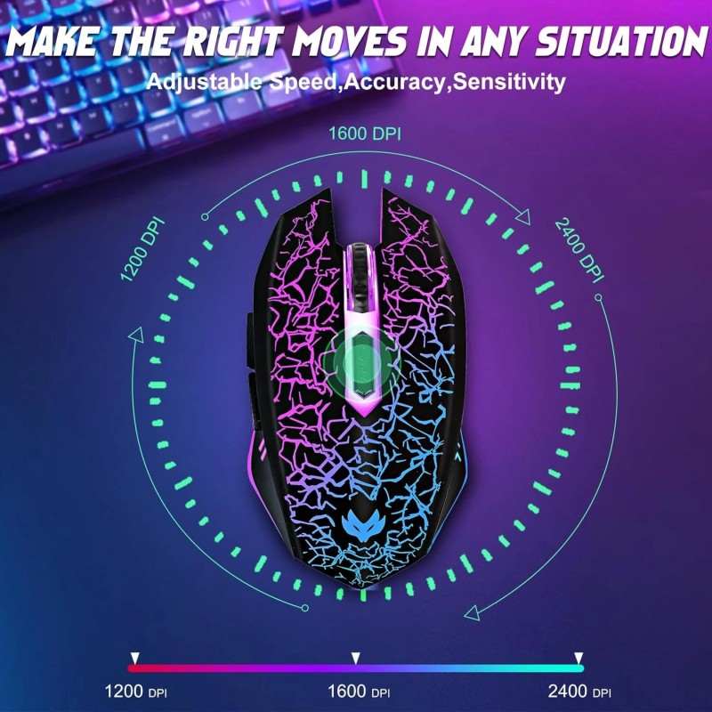 LuLabboard Wireless Gaming Mouse RGB 2400DPI Rechargeable Silent 6-Button -