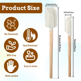 Qianyu 2 Pcs Wooden Long Handle Silicone Spatula 12" and 9" Rubber Spatula Jar Scraper Multi-Functional Nonstick Heat Resistant Kitchen Utensils for Scraping Non-Stick Dishwasher Safe Multi-Functional