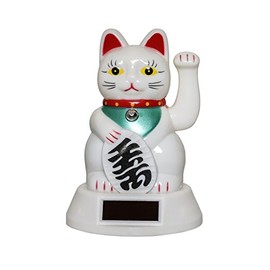 Amlong Plus Japanese Maneki Neko Fortune Cat Lucky Cat Waving Arm, Solar Powered, White