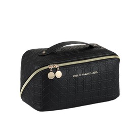 HMBMO Travel Makeup Bag 1 pcs Argyle black Travel cosmetic bag Portable Makeup storage Bag Travel toiletry Bag Travel essentials Large capacity double zipper design stripe cosmetics case