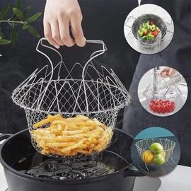 Foldable Wire Mesh Basket for Steaming, Rinsing, Straining, and Frying, Multi-Purpose