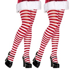 VEARZ® Womens Christmas Tights Red White Green Striped Elf Fancy Dress Stripy Leggings - Ladies Miss Santa Costume Tights Xmas Novelty Full Footed Stockings For Christmas Cosplay Red White-P-2