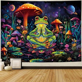 Racunbula Frog Tapestry Hippie Mushroom Tapestry Galaxy Space Tapestry Colorful Plant Floral Wall Tapestry Aesthetic Tapestry Wall Hanging for Bedroom