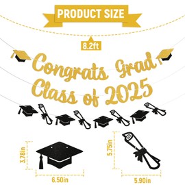 Congrats Grad Class of 2025 Banner - Graduation Cap Diploma Theme Party Decoration for High School College University Senior 2025 Celebrate Party Supplies Gold Glitter