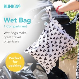 Bumkins Waterproof Wet Bag for Baby, Travel, Swim Suit, Cloth Diapers, Pump Parts, Pool, Beach, Gym Clothes, Toiletry, Hook to Stroller, Daycare, Zipper Reusable Wetdry Packing Pouch, Black Hearts