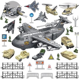 Airplane Toy for Kid - 2-in-1 Airplane Playset for Ages 5-7 3-6 Boy, Fighter Jet with 6 Truck Vehicle, 5 Helicopter, Army Men, Car Kit for 4 5 6 7 8 Years Old Child Birthday - Style: A-Airplane