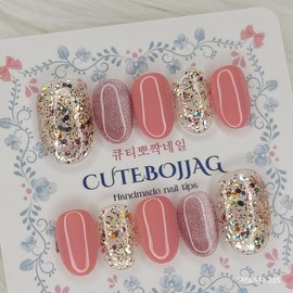 Pink Sparkle Handmade Nail Tips - Oval S / 핑크 스파클 수제네일팁 - 오벌S