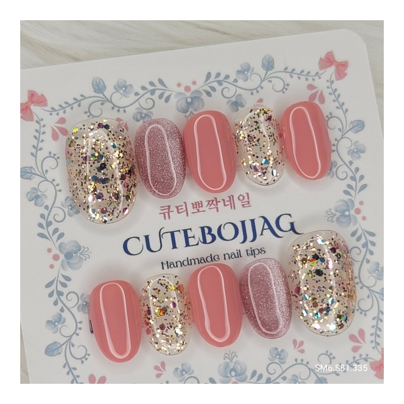 Pink Sparkle Handmade Nail Tips - Oval S / 핑크