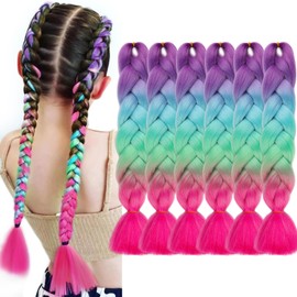 MAYSA Rainbow Braiding hair Extensions 4 Tone Ombre Pre stretched Braiding Hair 24in 6Packs Synthetic Colorful Hair for Girls #Purple-blue-green-hot pink