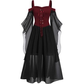 Women's Gothic Punk Style Off-the-shoulder Butterfly Sleeve Easter Cosplay Party DressColor: Firebrick, Size: 3 XL