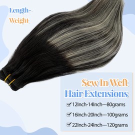 Silver Highlight Sew in Hair Extensions 26Inch for Adding Length Hand Tied Hair Bundles Balayage Black to Silver 130g Sew in Double Weft Grey Real Human Hair Pieces for Women