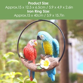 Hanging Iron Ring Parrot Decoration, Parrot Bird Figure Sculpture, 40 cm Resin Simulation Ornament Statue, Iron Ring Macaw Air Parrot Birds Craft Decoration Wall Decoration for Patio Balcony Garden