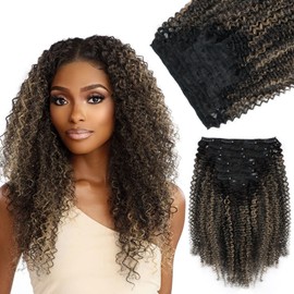 Yuniffe Afro Curly Clip in Hair Extensions for Black Women Real Human Hair Clip ins Afro Kinky Curly Rooted Black to Off Black With Caramel Blonde Double Weft Remy Hair Clip ins 12 Inch 7Pcs 120g