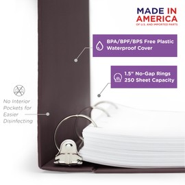 Carstens 1.5-Inch Heavy Duty 3-Ring Binder - Side Opening, Plum, Durable Plastic, Precision No-Gap Rings, Waterproof Covers, No Pockets, Holds 250 Letter-Size Sheets, BPA-Free, Made in USA (2044-3R)
