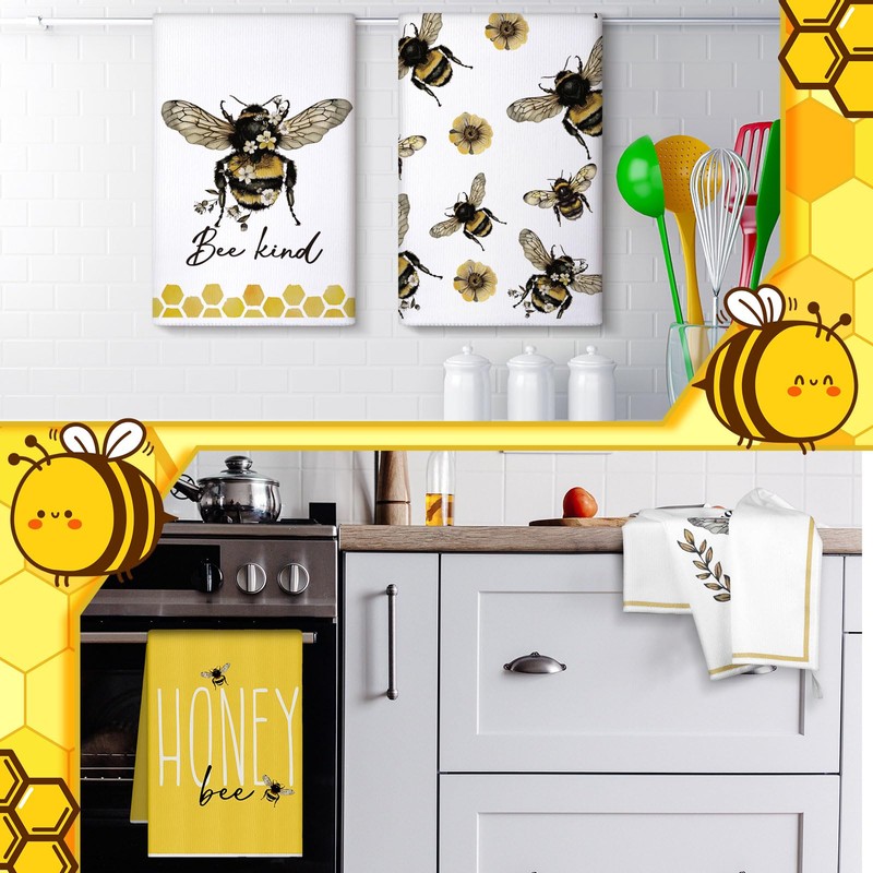 Tegeme 4 Pcs Christmas Bee Kitchen Tea Towel Honey Bee
