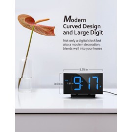 Digital Alarm Clock for Bedrooms, Digital Clock with Modern Curved Design, Conspicuous Blue LED Numbers, 6 Levels Brightness, 2 Volume, 3 Alarm Tones, Snooze, Power-Off Memory, 12/24H, Bedside Clock