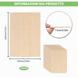 Eteamcan - Lot de 10 fogli di legno di tiglio 200 x 100 x 1,5 mm, sottili per artigianato, modellismo, bricolage