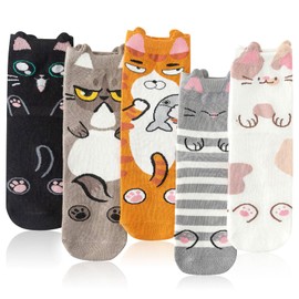 KOAUUKLYX Comfy Cat Socks 5 pairs– All-Season Cotton Socks, Mid-Calf Length, Vivid Colors – Cute and Cosy Socks for Girls and Women