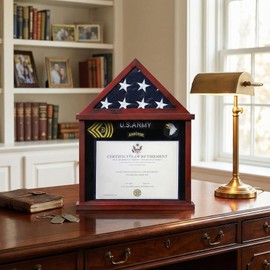 Flag Display Case for Folded 3'x5' Americian Flag with Certificate & Document Holder Display Frame Military Shadow Box for Army Navy Air Force Veterans, Solid Wood Mahogany Finish