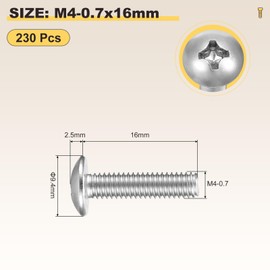 METALLIXITY Machine Screws Phillips Head(M4-0.7x16) 230Pcs, Steel Round Head Phillips Drive Furniture Bolts - for Woodworking & Furniture Assembly, Silver