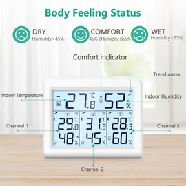 ORIA Indoor Outdoor Thermometer, Digital Hygrometer Thermometer with 3 Sensor(Replaceable), Temperature Humidity Monitor Meter Gauge with LCD Backlight, Signal Synchronization Button