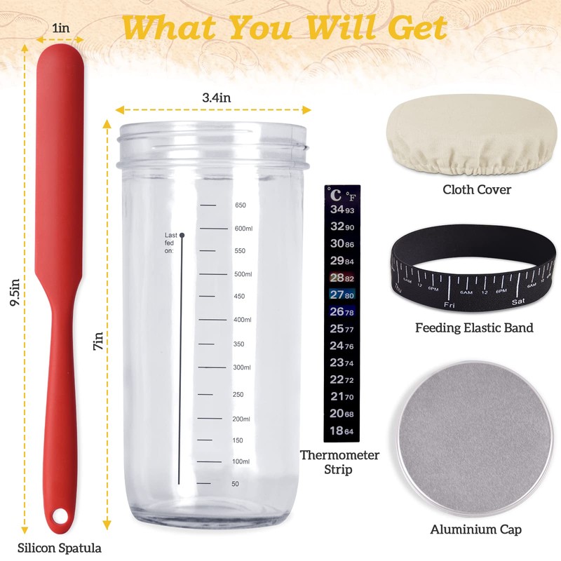 Sourdough Starter Jar Kit, 650ml Sourdough Starter Jar With Thermometer,