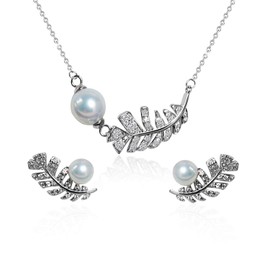 umico Earrings and Necklace Jewelry Set for Women, Embedded with Freshwater Cultured Pearls & Cubic Zirconia S925 Sterling Silver with White Gold Plating, Symmetrical Plume Design