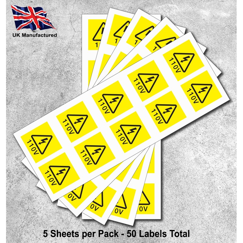 110V Warning Flash Labels - 19mm x 19mm Permanent Synthetic