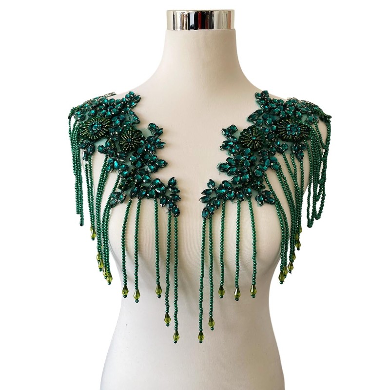Pair Beaded Rhinestones Tassel Applique Embellishment for Clothes,Pure Handsewing Crystal