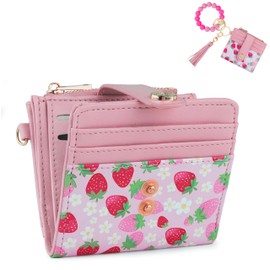 Sunpour Small Wristlet Wallets for Women Keychain Wristlet Wallet RFID Blocking Key Chain Wallet with Zipper Coin Pocket,2 Id Window, Strawberry, Small, Small Wallet