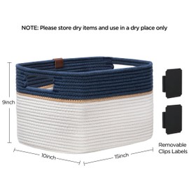 UBBCARE 2 Pack-15''L x 10''W x 9''H Storage Baskets for Shelves, Large Woven Rope Basket, Navy Blue&White