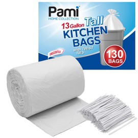 PAMI 13-Gallon Tall Garbage Bags [130-Pack, White] With Twist Ties - Unscented, Odor-Control Trash Can Liners - Strong Multipurpose Plastic Trash Bags For Kitchen, Bathroom, Office