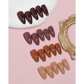 Almond Press-On Nails, 96 Pieces, French Tip Design with Pearls, Black/Red/White/Pink Tips (Browns - Earthy)