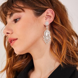 EleQueen Rhinestone Crystal Chandelier Earrings for Women, Clear Art Deco Marquise Teardrop Dangle Earrings Ladies Gifts