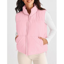 MEROKEETY Women's Casual Sleeveless Stand Collar Full Zip Loose Cozy Padded Jacket Coat, Pink, X-Large