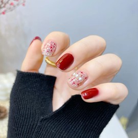 24pcs Fashion Beads Fake Nail Patch Red Color Line Cute Nails