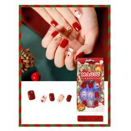 Clataly 24 Pcs Christmas False Nails Cute Santa Claus Snowflake Elk Fake Nails Short Square Nail Press On False Nails (D)