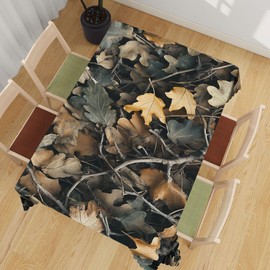 XYJFZL Camouflage Table Cloth Rectangle Tables Branches Camo Natural Leaves Rectangle Tablecloth Picnic Table Cover BBQ Table Cloths Polyester for Kitchen Coffee 52 x 70 Inch 4-6 Seats