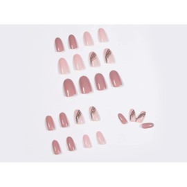 Nude Pink Press On Nails Short Almond Tip Coffin Shape Full Cover Reusable False Nails with Glue Stick On Nails with Gold Line Design Artificial Fingernails Acrylic Fake Nails for Women Glue On Nails