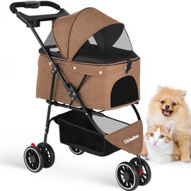 Pet Stroller,Dog Stroller for Small Medium Dogs Cats,3 Wheels,Foldable,with Breathable Mesh Canopy,Cup Holders,Easy Assembly,Deep Brown