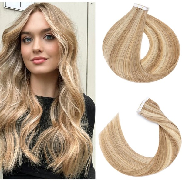 Tape in Hair Extensions Real Human Hair 40pcs 80g 100% Remy Hair Extensions of Balayage Golden Brown Highlighted Bleach Blonde Seamless Straight Tape in Hair Extension Double Sided of 14 inch