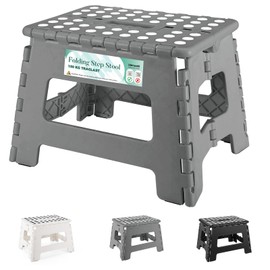 Heimwohl Folding Stool 9 Inch Lightweight Strong and Safe Easy Open with Flap Ideal for Kitchen Bathroom Bedroom Light Grey