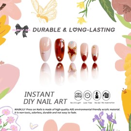 Almond Press on Nails Medium Length MABKJLF Gold Curve Line Fake Nails Amber False Nails with Stars Pearls Designs Stick on Nails Glossy Glue on Nails for Women Girls 24Pcs