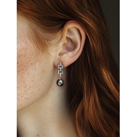 Noir Horse Black Pearl Drop Silver Chain Link Earrings - 925 Sterling Silver with White Gold Plated, 10mm Big Black Pearl Dangle, Statement Jewelry, Gifts for Women