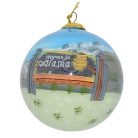 Art Studio Company Hand Painted Glass Christmas Ornament - State Sign Alaska