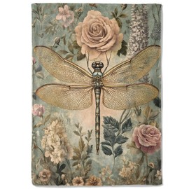 coedoaes Retro Dragonfly and Rose Fleece Blanket - 50x60in Vintage Floral Throw Blankets,Soft Cozy Lightweight, Ideal for Living Room Home Farmhouse Decor and Kids Women Girls Spring Gifts